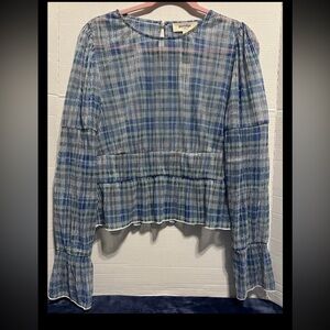 Anthropologie Porridge Blouse Top Lg Blue Plaid Sheer Balloon SL CottageCore.